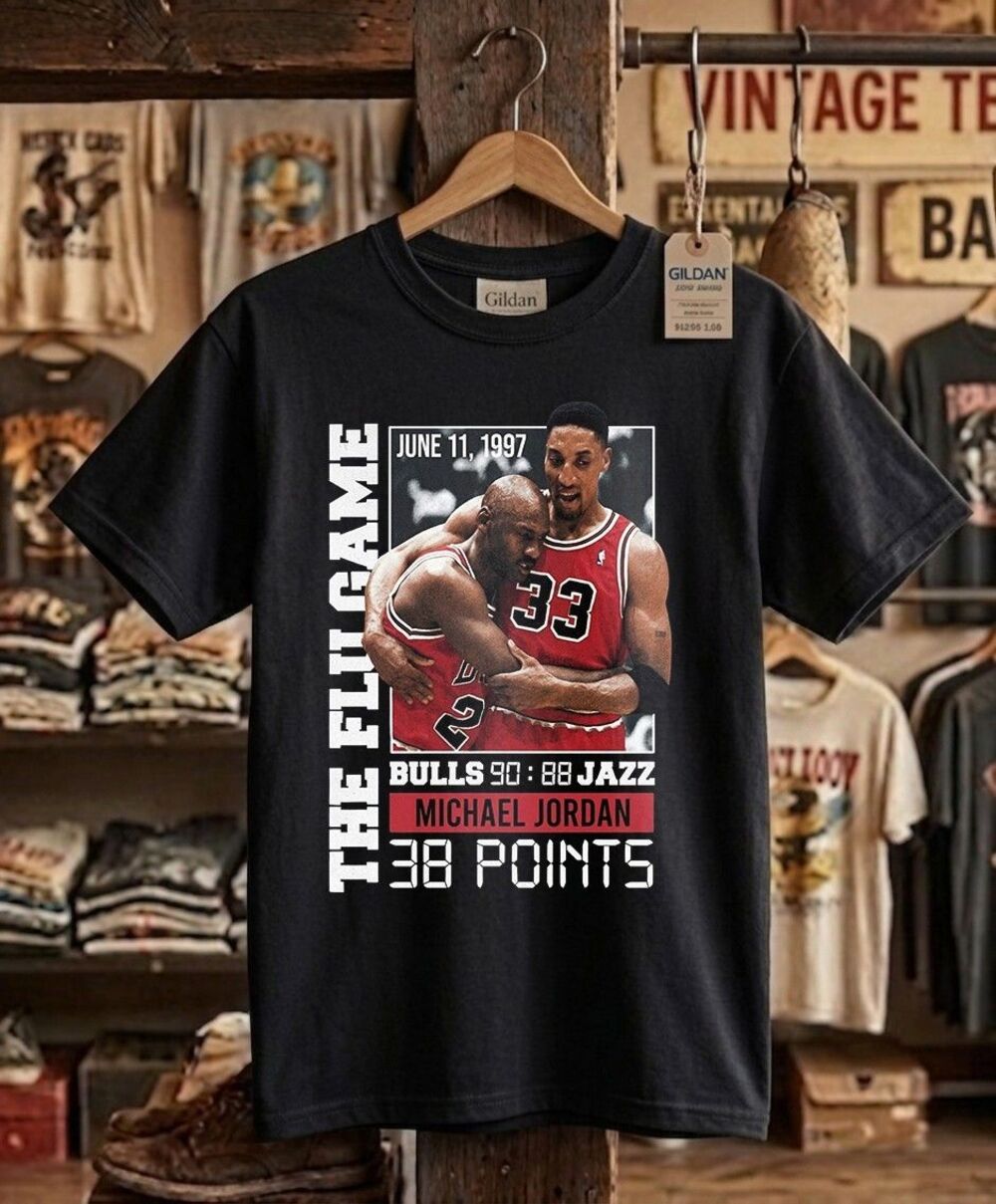 Flu Game 1997 Basketball Shirt - Vintage 90s Bootleg Style Graphic Black T-Shirt